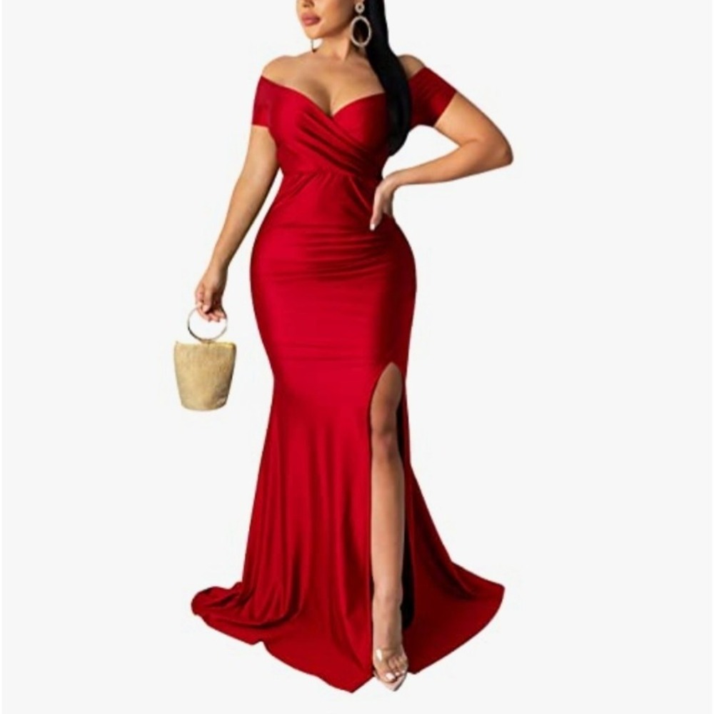 Women's Red Off Shoulder Evening Gown Maxi Dress Side Slit XXL‎ NEW
